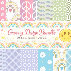 Paquete de papel digital para scrapbooking con estampados pastel, 50 diseños retro de los años 70 con emoticones, papel de colores pastel