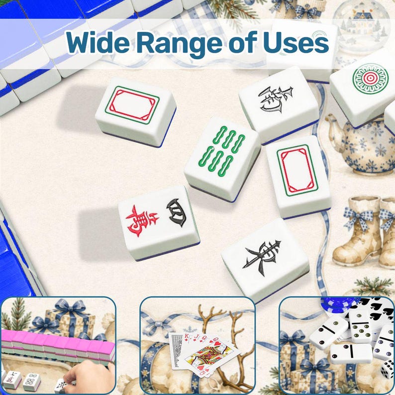 May include: A collection of white Mahjong tiles with blue, green, red, and black markings, featuring the text Wide Range of Uses. The image includes smaller inset panels showing additional Mahjong tiles, playing cards, and white dominoes.