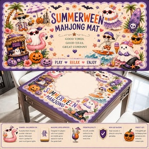 May include: A rectangular mahjong mat featuring a Summerween theme with illustrations of skeletons and ghosts in tropical attire, pumpkins, and surfboards. The text reads Summerween Mahjong Mat, Good Times, Good Tiles, Great Company, Play, Relax, Enjoy.