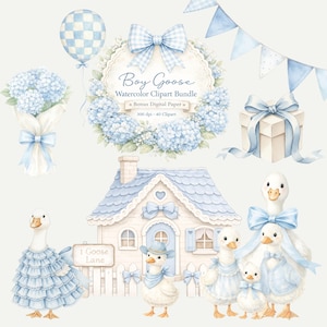 May include: Watercolor clipart bundle featuring a "Boy Goose" theme. Includes a floral wreath, gift box, house, geese characters, and a balloon, all in soft blue tones. The bundle also includes digital paper.