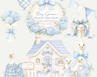Junge Gans Aquarell Clipart Bundle, Blau Gingham Coquette Kinderzimmer Clipart, Hortensien Gans PNG, Baby Boy Dusche Grafiken