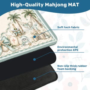 May include: A high-quality Mahjong mat with a beach-themed design featuring palm trees, a sandcastle, and a seal. The mat has a soft tech fabric surface, environmental protection XPE, and a non-slip thick rubber foam backing.