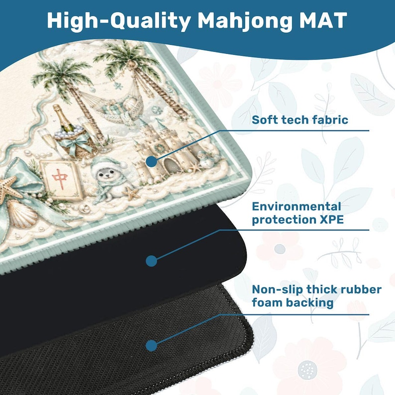 May include: A high-quality Mahjong mat with a beach-themed design featuring palm trees, a sandcastle, and a seal. The mat has a soft tech fabric surface, environmental protection XPE, and a non-slip thick rubber foam backing.