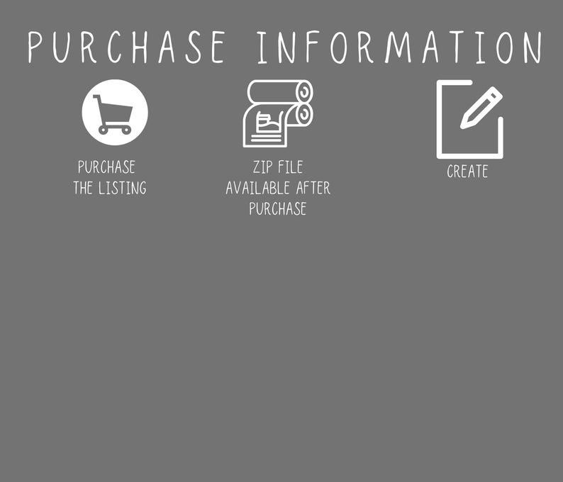 May include: A gray graphic with white text and icons. The text reads "PURCHASE INFORMATION". Icons include a shopping cart, a document roll, and a pencil in a box. Text below the icons says "PURCHASE THE LISTING", "ZIP FILE AVAILABLE AFTER PURCHASE", and "CREATE".