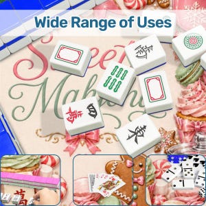 May include: A collection of white Mahjong tiles with various symbols and designs, including red, green, and black markings. The image also features playing cards, dominoes, and sweets, with the text "Wide Range of Uses".