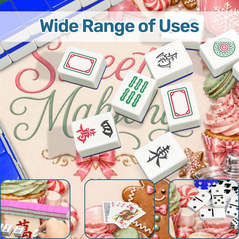 May include: A collection of white Mahjong tiles with various symbols and designs, including red, green, and black markings. The image also features playing cards, dominoes, and sweets, with the text "Wide Range of Uses".