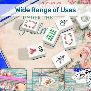 May include: White Mahjong tiles with red, green, and black symbols and designs are scattered on a patterned surface. The text "Wide Range of Uses" is at the top. Additional images show playing cards, dominoes, and more Mahjong tiles.