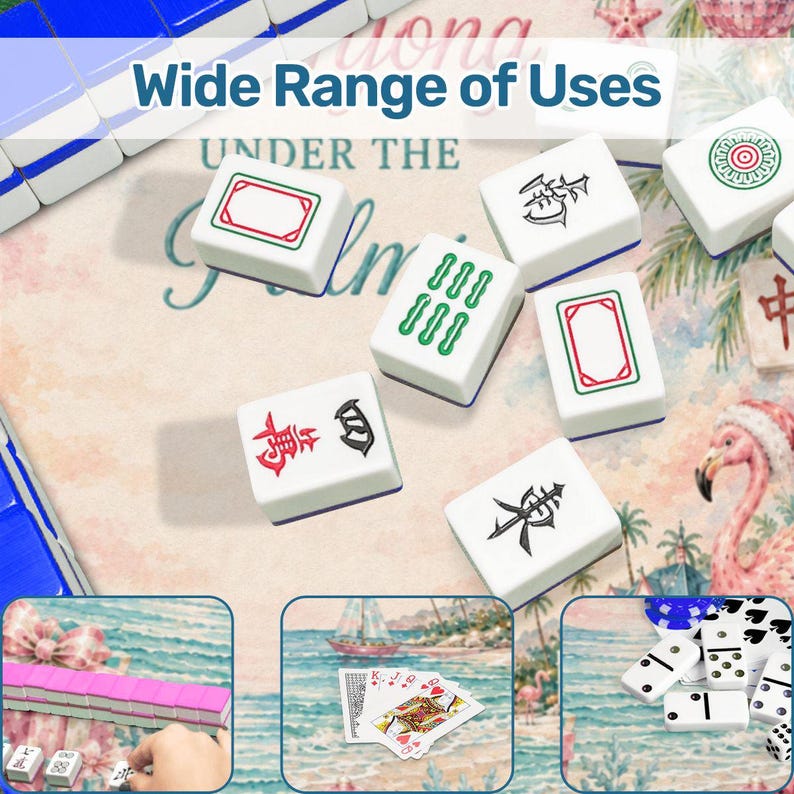 May include: White Mahjong tiles with red, green, and black symbols and designs are scattered on a patterned surface. The text "Wide Range of Uses" is at the top. Additional images show playing cards, dominoes, and more Mahjong tiles.