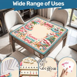 May include: A wooden square table with a decorative turquoise border and a beige surface. The surface features a "Summer Mahjong" design with cartoon Santas, flamingos, and beach elements. The image also shows playing cards, dominoes, and mahjong tiles.