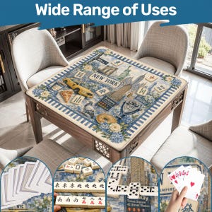 May include: A wooden game table with a New York City-themed design, featuring iconic landmarks and a yellow taxi. The table is surrounded by chairs and showcases various games like cards, dominoes, and mahjong. The text "Wide Range of Uses" is at the top.