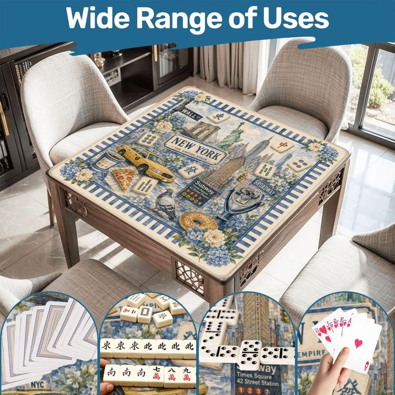 May include: A wooden game table with a New York City-themed design, featuring iconic landmarks and a yellow taxi. The table is surrounded by chairs and showcases various games like cards, dominoes, and mahjong. The text "Wide Range of Uses" is at the top.