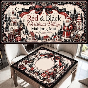 May include: A rectangular mahjong mat featuring a festive Christmas village scene with a red and black colour palette. The design includes Santa Claus, reindeer, snow-covered houses, pine trees, and a large decorative bow with the text Red & Black Christmas Village Mahjong Mat.