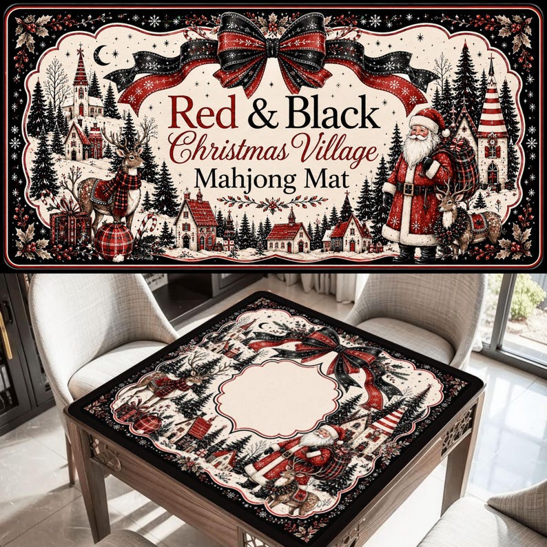 May include: A rectangular mahjong mat featuring a festive Christmas village scene with a red and black colour palette. The design includes Santa Claus, reindeer, snow-covered houses, pine trees, and a large decorative bow with the text Red & Black Christmas Village Mahjong Mat.