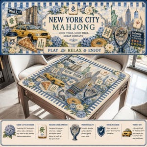 May include: New York City Mahjong set featuring iconic NYC landmarks like yellow cabs and the Statue of Liberty. The game board and box have a blue and white design with the words "New York City Mahjong".