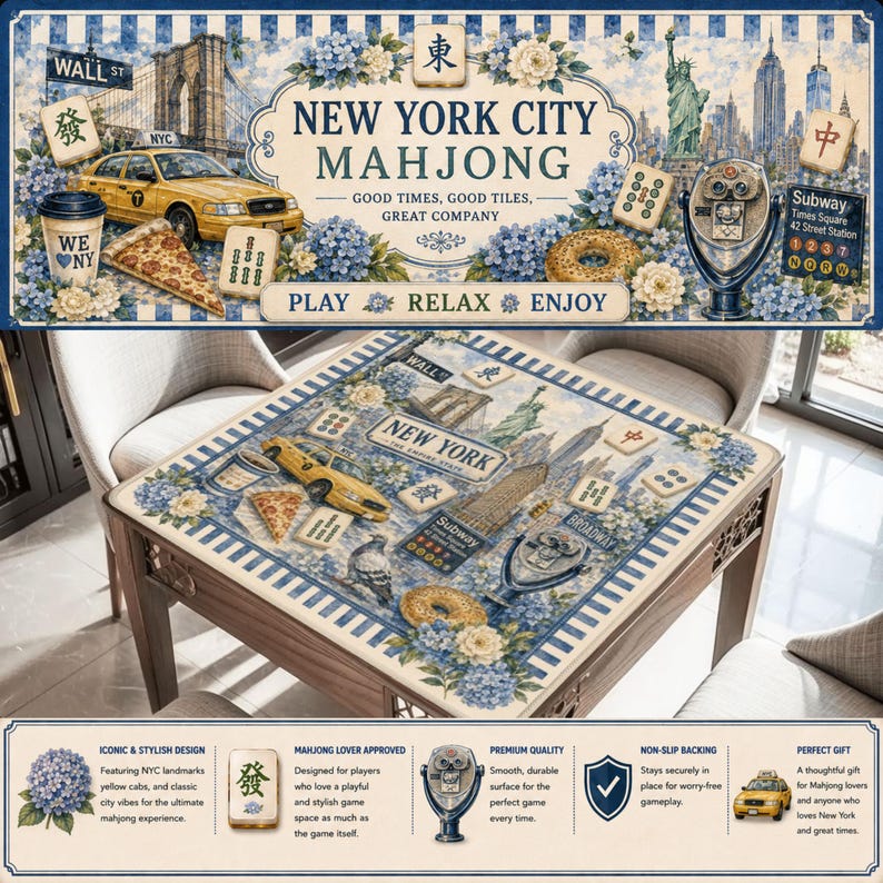 May include: New York City Mahjong set featuring iconic NYC landmarks like yellow cabs and the Statue of Liberty. The game board and box have a blue and white design with the words "New York City Mahjong".