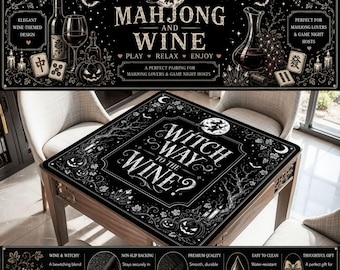 Spooky Black and White Mahjong Mat | Witch Way to the Wine Mahjong Mat | Gothic Halloween Mahjong Table Mat | Spooky Witchy Mahjong Gift