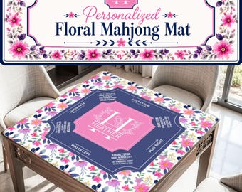 Personalized Floral Mahjong Mat, Custom Name Mahjong Mat, Pink Mahjong Table Cover, Mahjong Gift for Her, Mahjong Playing Mat