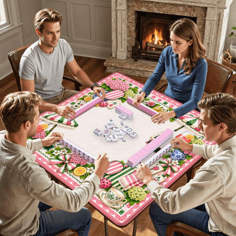 May include: A square mahjong table featuring a pink and white floral patterned border with green accents. The table surface is white, displaying scattered white mahjong tiles with black characters and symbols, alongside four pink tile racks.