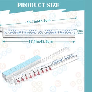 May include: A clear acrylic Mahjong tile rack with blue and white decorative accents. The rack measures 18.7 inches (47.5 cm) long and 2.12 inches (5.4 cm) high. The image also shows Mahjong tiles.