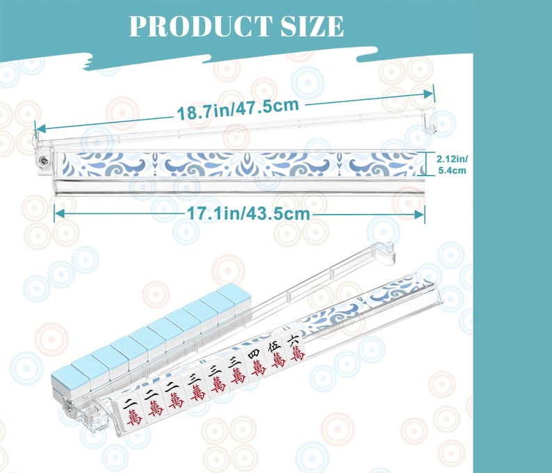 May include: A clear acrylic Mahjong tile rack with blue and white decorative accents. The rack measures 18.7 inches (47.5 cm) long and 2.12 inches (5.4 cm) high. The image also shows Mahjong tiles.