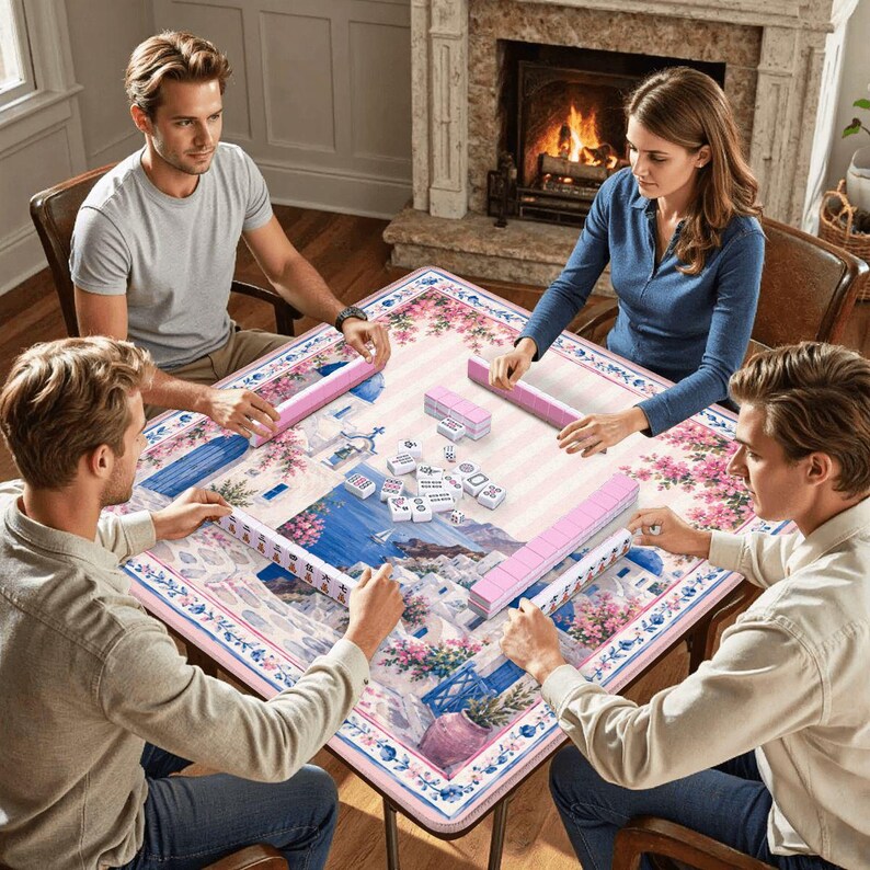 Pode incluir: Uma mesa de mahjong quadrada com uma superf&iacute;cie impressa apresentando uma cena costeira mediterr&acirc;nea, bordas florais rosas e listras rosa claro. A mesa est&aacute; disposta com fileiras de pe&ccedil;as rosas e pe&ccedil;as brancas com marca&ccedil;&otilde;es pretas.