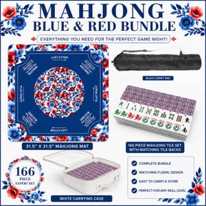 May include: A Mahjong set with a blue and red floral design. The set includes an 80 x 80 cm mat, 166 tiles, a white carrying case, and a black carry bag. The image text reads "Mahjong Blue & Red Bundle".