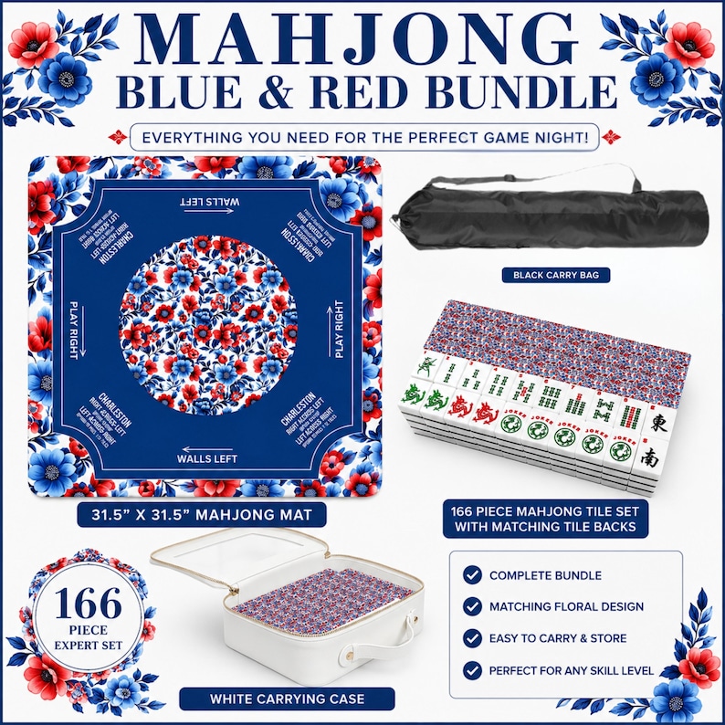 Blue & Red Mahjong Bundle Set, 166 Mahjong Tiles, Mahjong Mat and Carry Bag, Floral Mahjong Set, American Mahjong Gift Set image 1