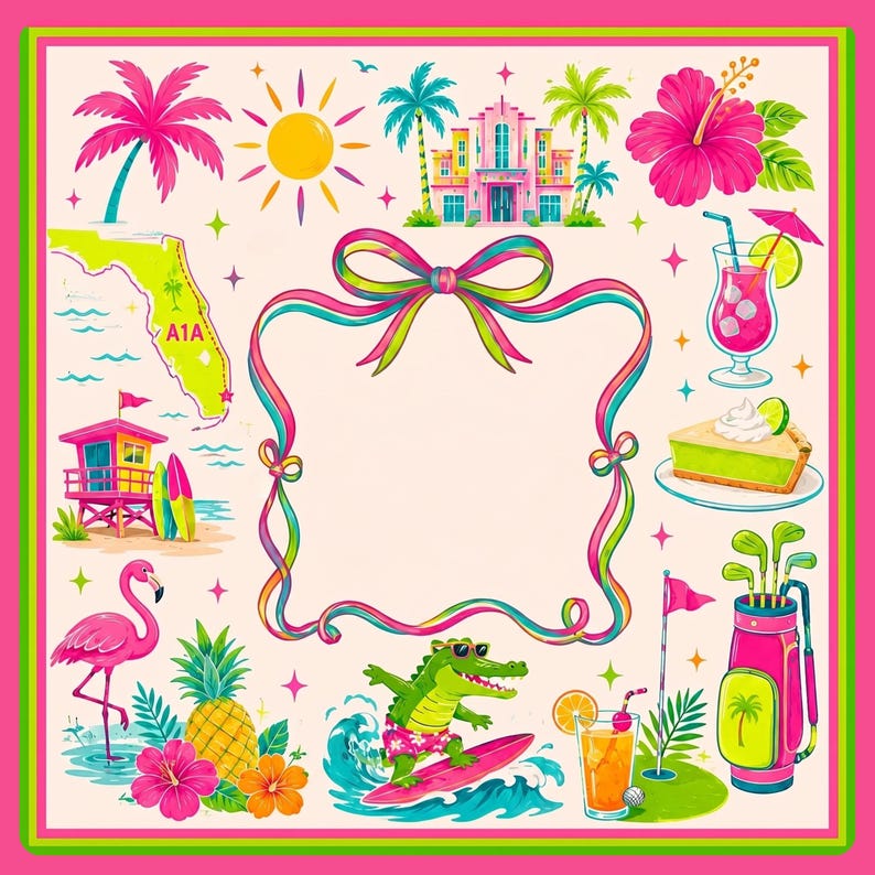 May include: A square decorative print featuring a central ribbon frame surrounded by Florida-themed illustrations including a pink flamingo, a surfing alligator, a map labelled A1A, a lifeguard tower, a slice of key lime pie, and a golf bag.
