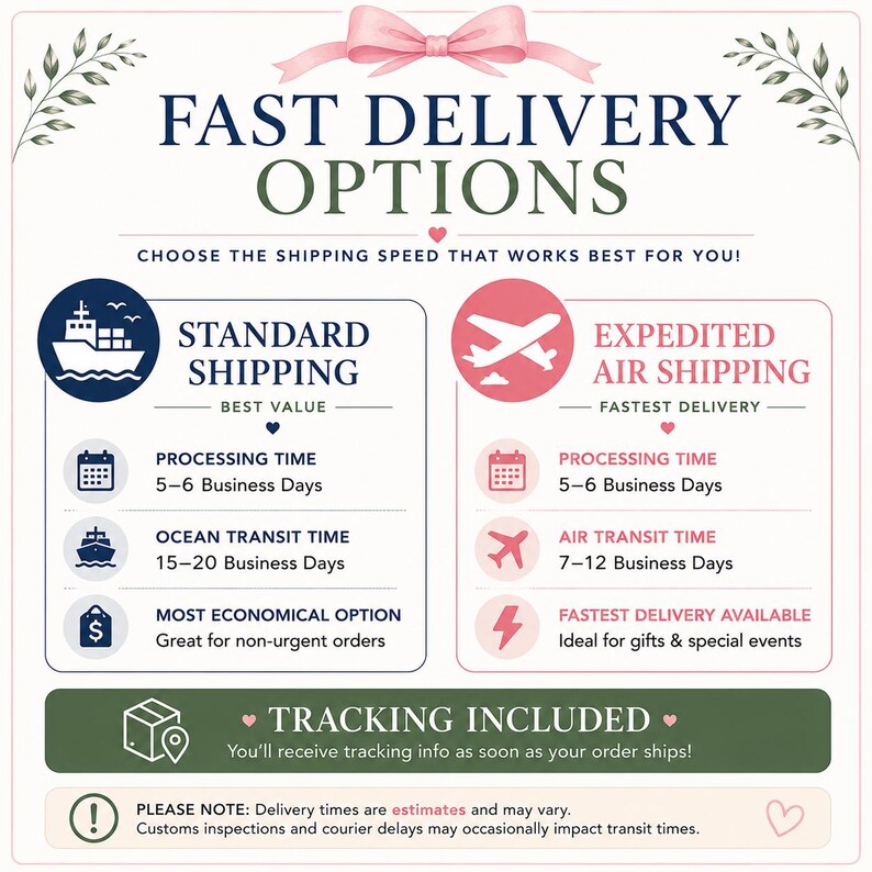 May include: An informational graphic titled FAST DELIVERY OPTIONS with a pink bow at the top. It compares Standard Shipping with a ship icon and Expedited Air Shipping with a plane icon, listing processing and transit times in business days.