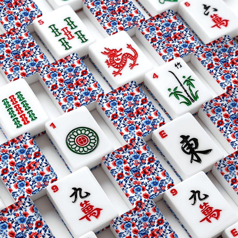 Blue & Red Mahjong Bundle Set, 166 Mahjong Tiles, Mahjong Mat and Carry Bag, Floral Mahjong Set, American Mahjong Gift Set image 7