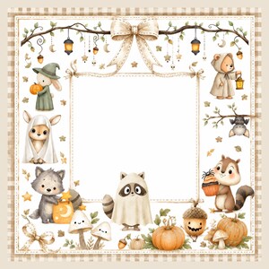 May include: A square decorative frame featuring a beige checkered border and a central white space. The border is adorned with illustrations of woodland animals in Halloween costumes, pumpkins, mushrooms, hanging lanterns, and a large beige bow.