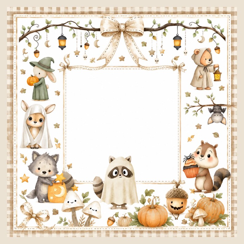 May include: A square decorative frame featuring a beige checkered border and a central white space. The border is adorned with illustrations of woodland animals in Halloween costumes, pumpkins, mushrooms, hanging lanterns, and a large beige bow.