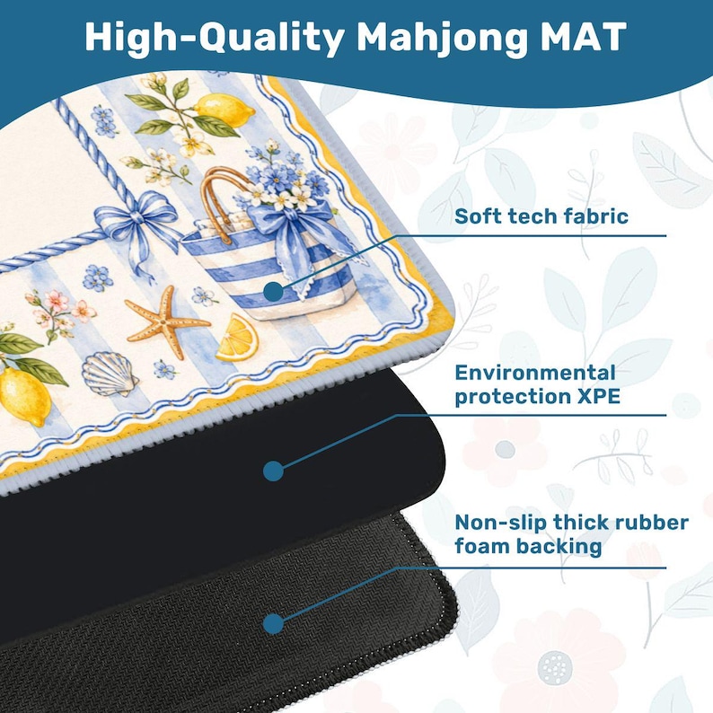 Pu&ograve; includere: Tappetino Mahjong di alta qualit&agrave; con design costiero. Presenta limoni, conchiglie e una borsa a righe. Ha una superficie in tessuto tecnico morbido, protezione ambientale XPE e un retro in schiuma di gomma spessa antiscivolo.
