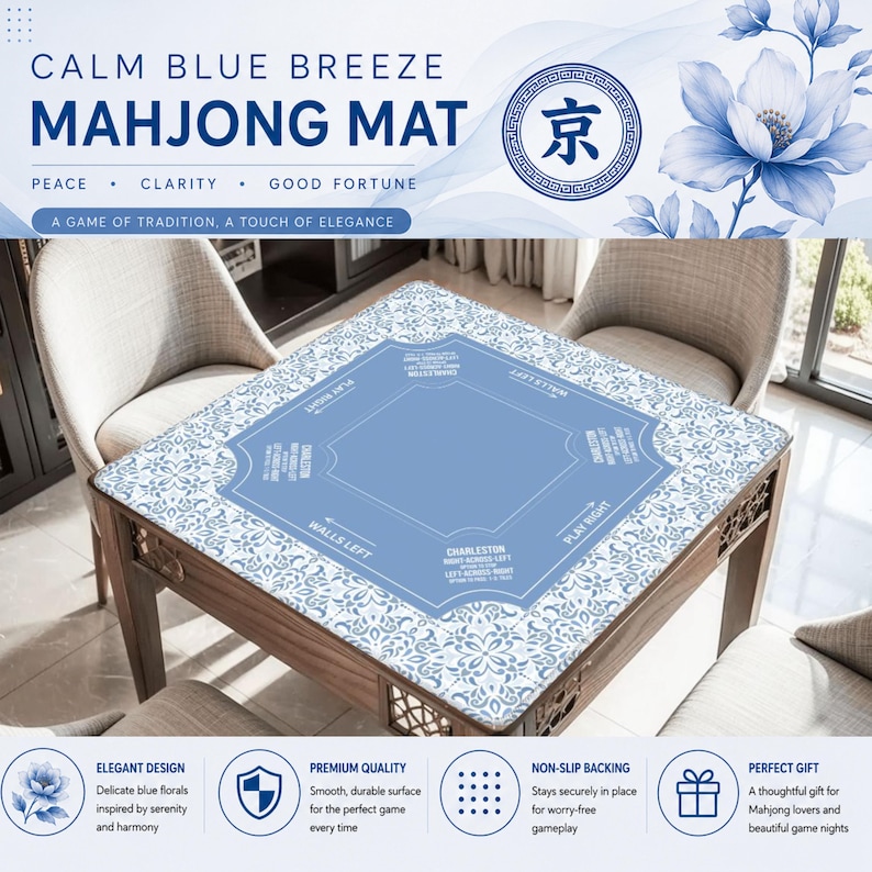 May include: A blue Mahjong mat with a floral design, featuring text that reads "Calm Blue Breeze Mahjong Mat." The mat is on a wooden table. The mat has a central playing area and text indicating game play.