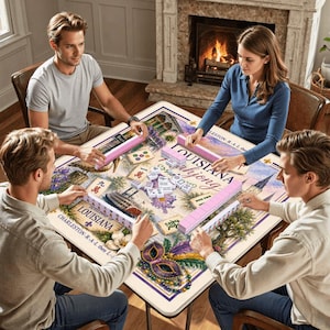 Puede incluir: Una mesa de juego cuadrada con un juego de mesa Louisiana Mahjong que presenta un mapa impreso, una m&aacute;scara de Mardi Gras e ilustraciones florales. El juego incluye fichas blancas con s&iacute;mbolos negros y soportes rosas.
