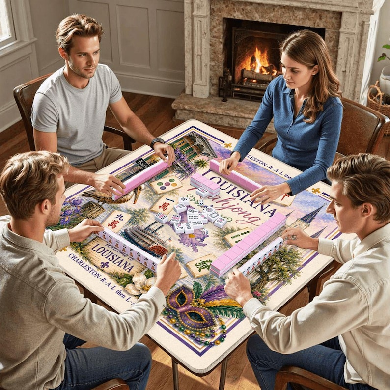 Puede incluir: Una mesa de juego cuadrada con un juego de mesa Louisiana Mahjong que presenta un mapa impreso, una m&aacute;scara de Mardi Gras e ilustraciones florales. El juego incluye fichas blancas con s&iacute;mbolos negros y soportes rosas.