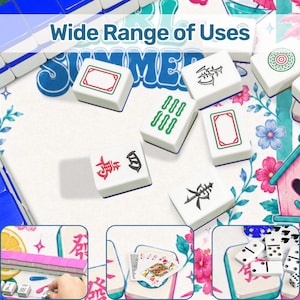 May include: A collection of white Mahjong tiles with various symbols and colors, including red, green, and black. The image also shows a game mat with the word "SUMMER" and additional game pieces like dominoes and playing cards. The text "Wide Range of Uses" is at the top.