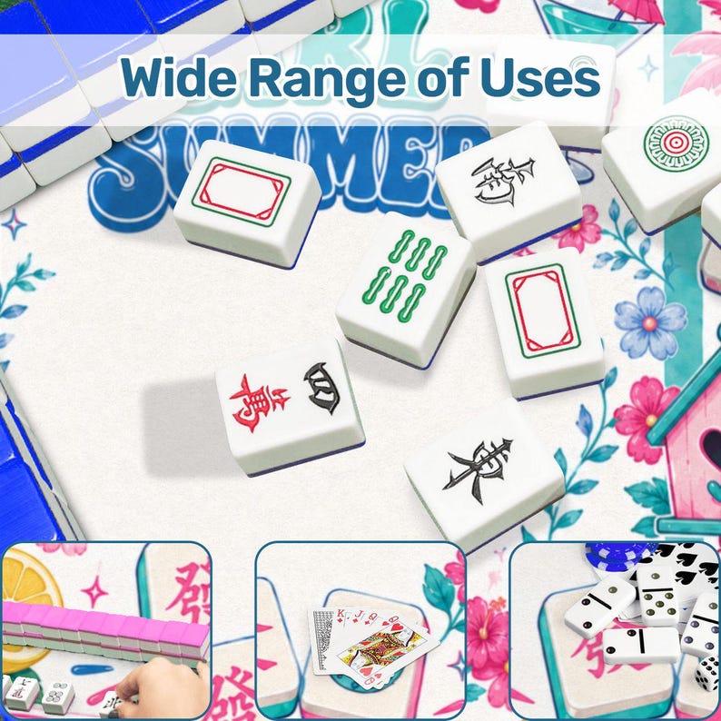 May include: A collection of white Mahjong tiles with various symbols and colors, including red, green, and black. The image also shows a game mat with the word "SUMMER" and additional game pieces like dominoes and playing cards. The text "Wide Range of Uses" is at the top.