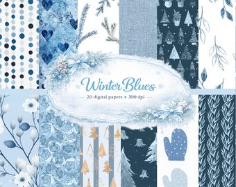 Winter Blues Digital Paper Pack, Scrapbook Backgrounds (JPEG ZIP)