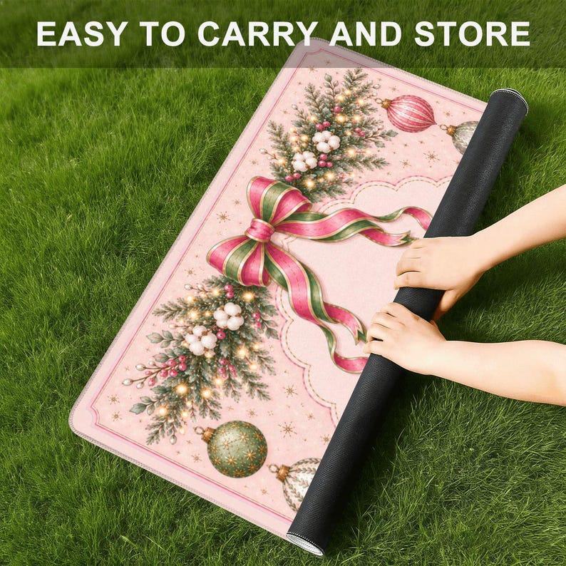 May include: A rectangular mat with a light pink background featuring a festive Christmas design of pine branches, white cotton bolls, red berries, and ornaments. A large red and green ribbon bow is centered. The text EASY TO CARRY AND STORE is visible.