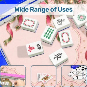 May include: A collection of white mahjong tiles with red, green, and black symbols, including a tile with a red frame, a green bamboo pattern, and Chinese characters. The text Wide Range of Uses is visible. Includes playing cards and dominoes.