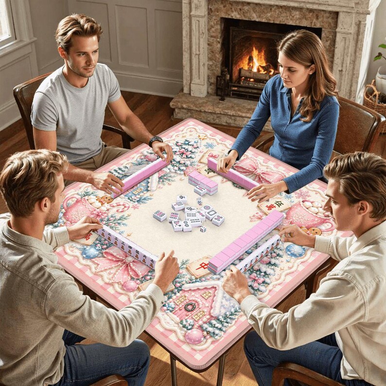 K&ouml;nnte beinhalten: Ein quadratischer Mahjong-Tisch mit einer festlichen, rosa-wei&szlig;en Tischdecke im Feiertagsdesign, verziert mit Lebkuchenhaus- und Schleifenmustern. Vier Personen sitzen um den Tisch, auf dem wei&szlig;e Mahjong-Steine liegen.