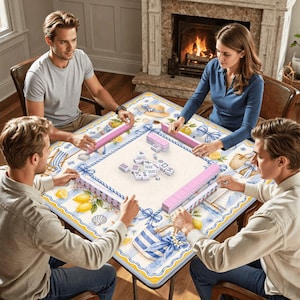Pu&ograve; includere: Quattro persone giocano a Mahjong attorno a un tavolo quadrato. Il tavolo ha un design nautico azzurro e bianco con limoni, conchiglie e fiocchi. Sono visibili porta tessere e tessere rosa. Un camino &egrave; sullo sfondo.