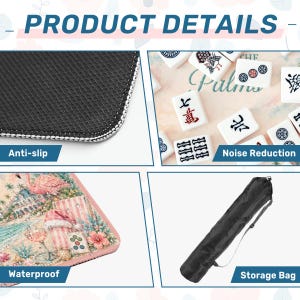 May include: Product details image showing a black anti-slip surface, Mahjong tiles, a waterproof mat with a flamingo design, and a black storage bag. The image highlights features like noise reduction and waterproof capabilities.