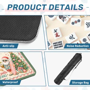 May include: Image showing product details: a black anti-slip surface, white Mahjong tiles, a Christmas-themed mat with Santa, and a black storage bag. Features include noise reduction and waterproof design.