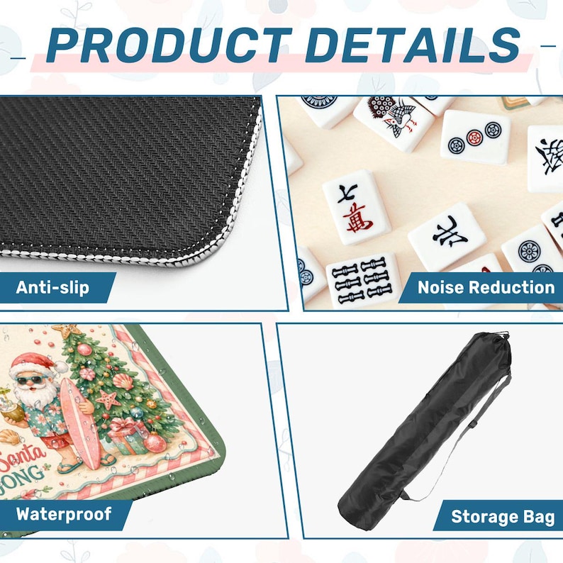 May include: Image showing product details: a black anti-slip surface, white Mahjong tiles, a Christmas-themed mat with Santa, and a black storage bag. Features include noise reduction and waterproof design.