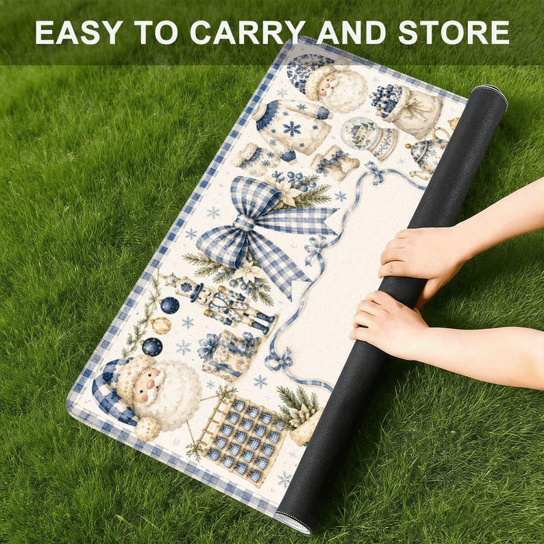 May include: A rectangular mat featuring a festive blue and white Christmas pattern with illustrations of Santa Claus, a nutcracker, a large plaid bow, snowflakes, and gifts. The text EASY TO CARRY AND STORE is printed at the top of the image.