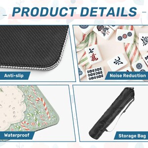 以下が含まれることがあります： 製品詳細グラフィック。黒い滑り止めマットの質感、騒音低減のための白い麻雀牌、キャンディケイン柄の防水マット表面、調節可能なショルダーストラップ付きの黒い円筒形の収納バッグが示されています。