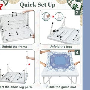 Puede incluir: Gu&iacute;a paso a paso para montar una mesa plegable blanca. Las instrucciones muestran c&oacute;mo desplegar el marco y las patas, insertar las partes cortas de las patas y colocar la alfombra de juego. El texto "Quick Set Up" es visible.