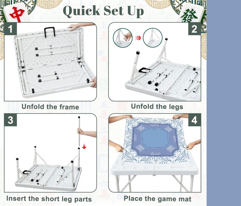 Puede incluir: Gu&iacute;a paso a paso para montar una mesa plegable blanca. Las instrucciones muestran c&oacute;mo desplegar el marco y las patas, insertar las partes cortas de las patas y colocar la alfombra de juego. El texto "Quick Set Up" es visible.